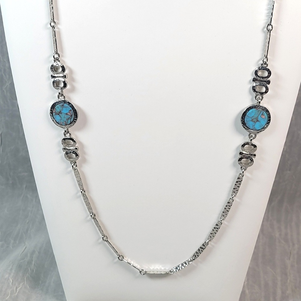 Sarah Coventry Simulated Turquoise Necklace Silver Tone Station Geometric Style